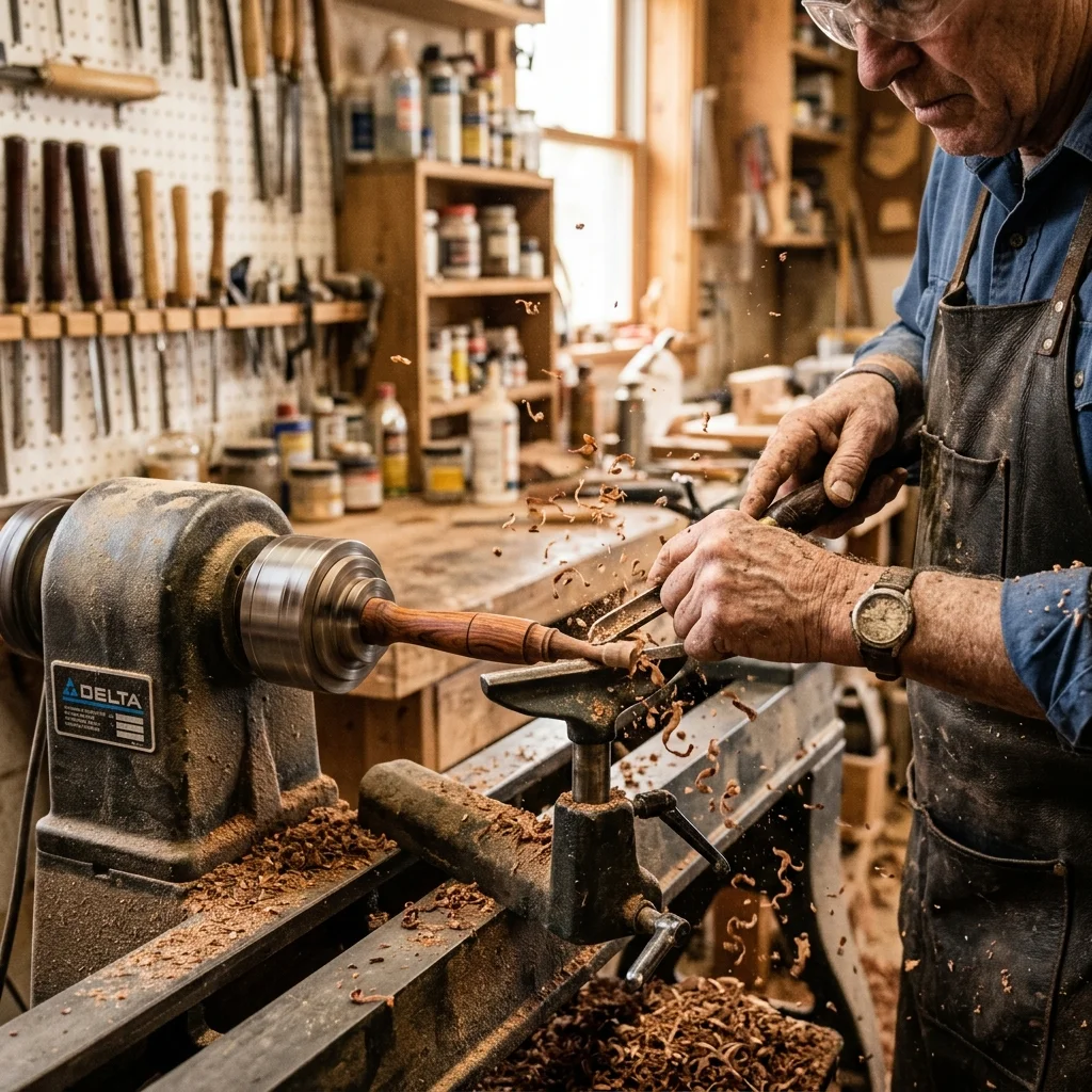 Woodturner shaping pen body blank on lathe