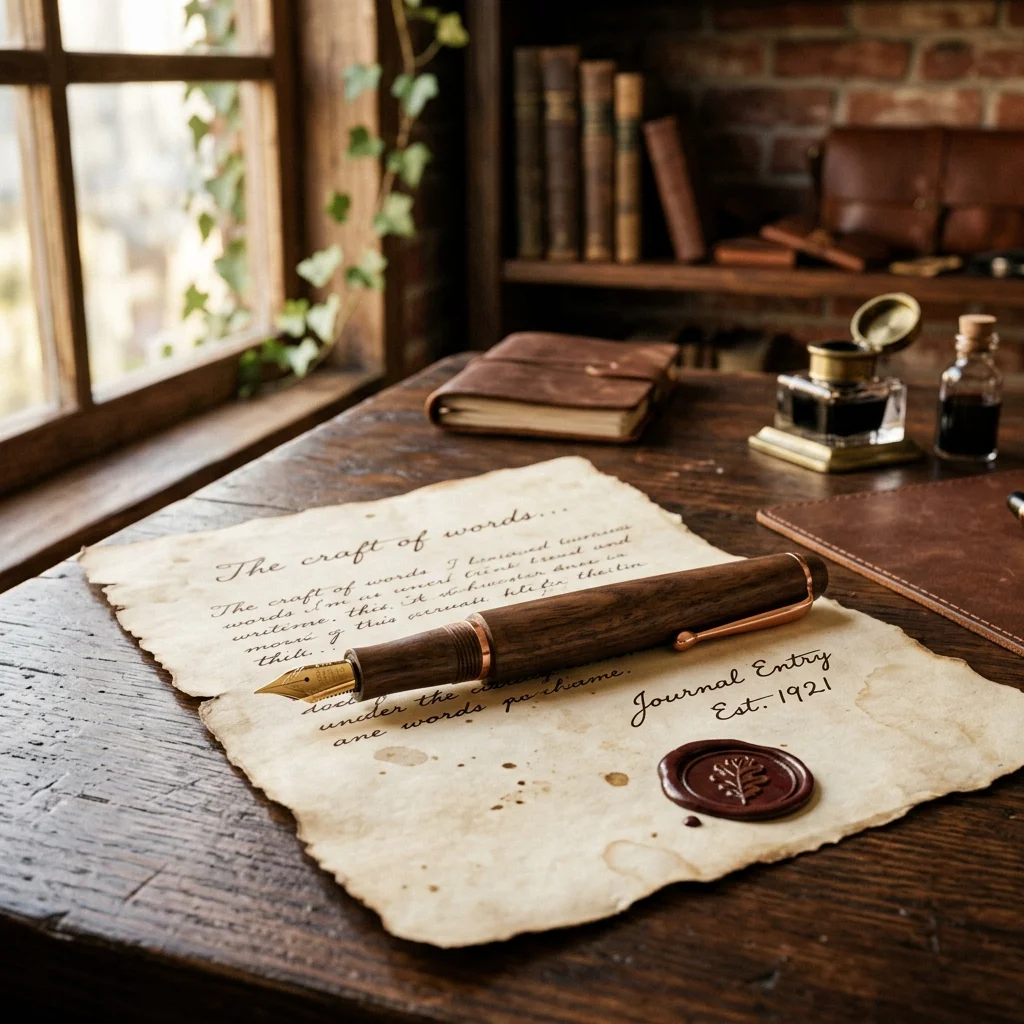 Handmade wooden pen on vintage paper under warm window light