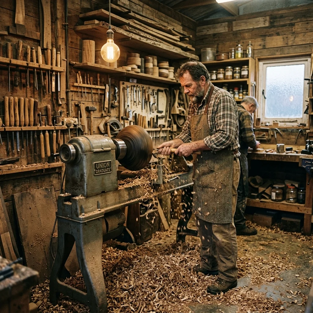 Wood lathe and shavings in Devon workshop